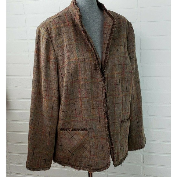 Sag Harbor Woman Tweed Blazer Women's Size 18W Brown Plaid Fringe Detailing - Picture 3 of 10